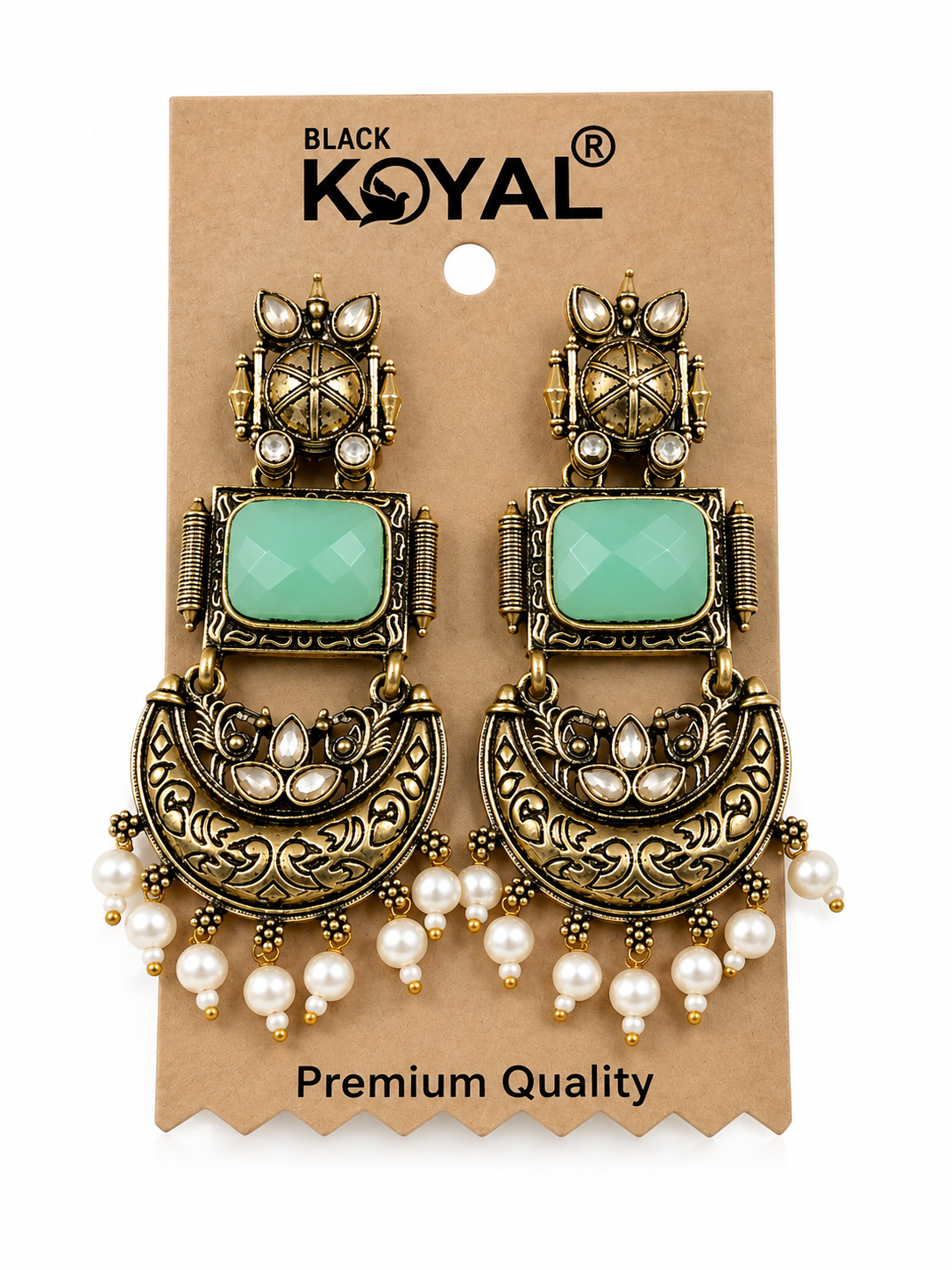 Premium Antique Silver-Toned Mint Green Stone Statement Earrings