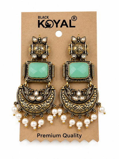 Premium Antique Silver-Toned Mint Green Stone Statement Earrings