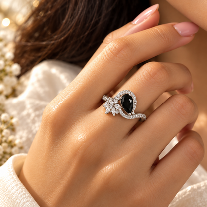 Silver-Toned Black Gemstone Statement Ring