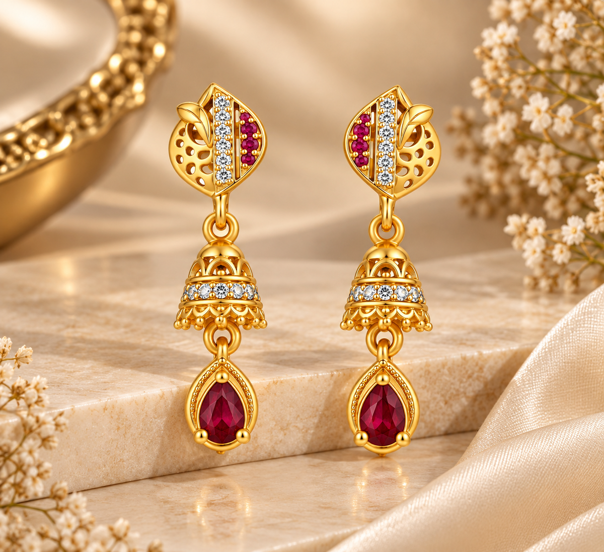 Gold-Toned Ruby Jhumka Drop Earrings