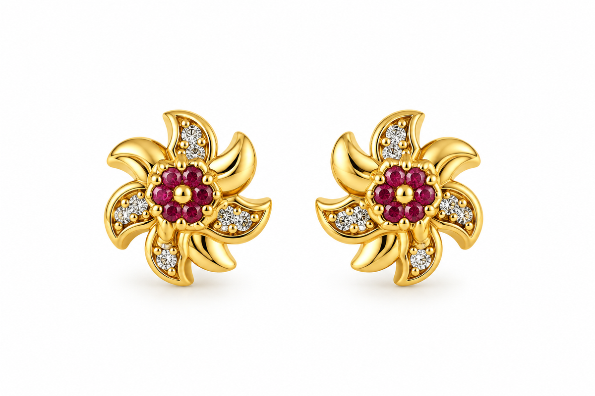 Gold-Toned Floral Ruby Stud Earrings