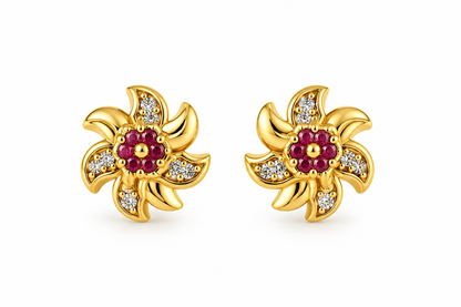 Gold-Toned Floral Ruby Stud Earrings