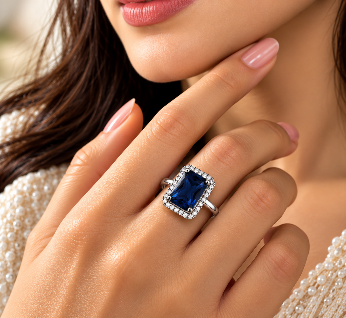 Midnight Blue Rectangular Halo Statement Ring