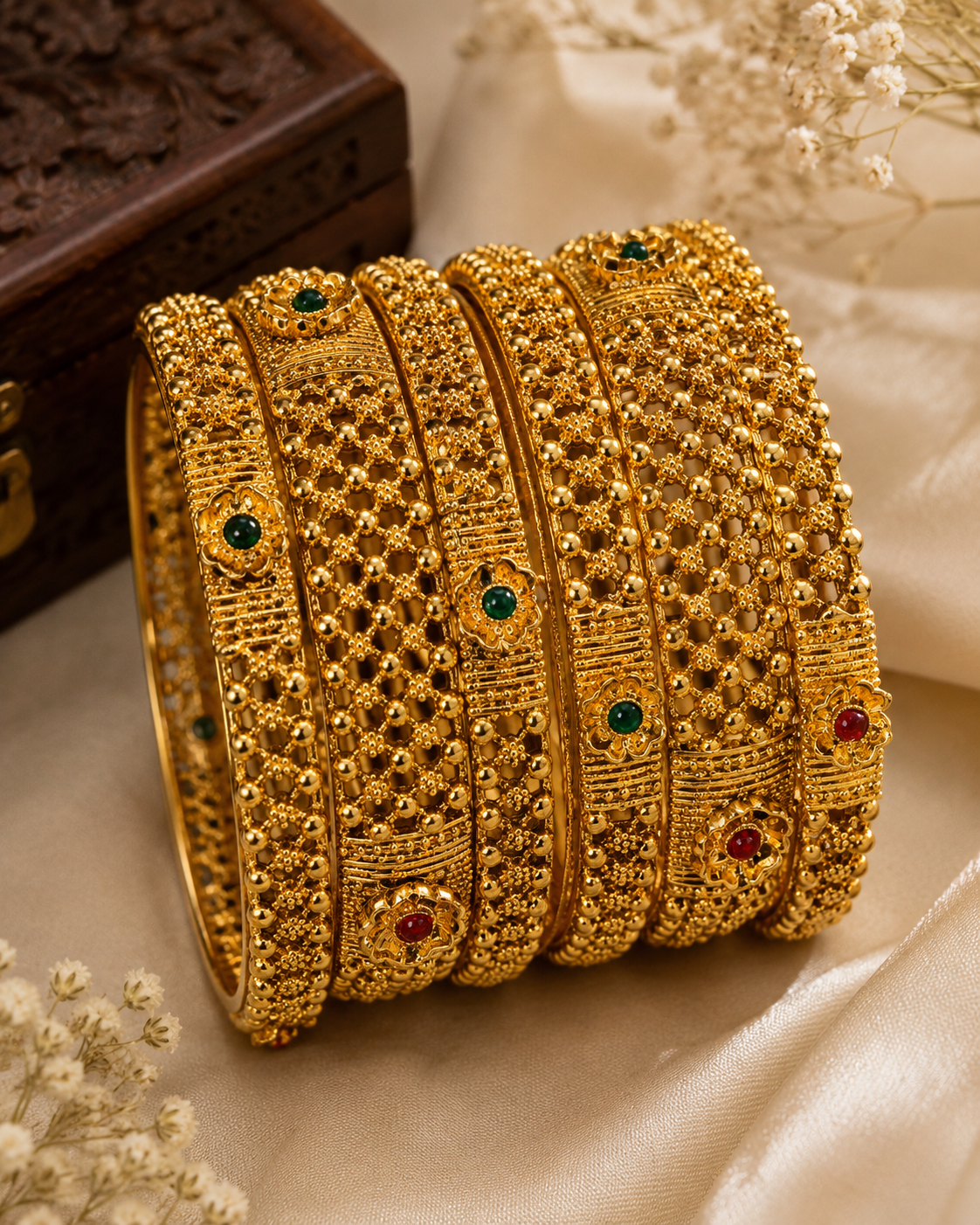 Royal Antique Gold Multistone Bangle Set