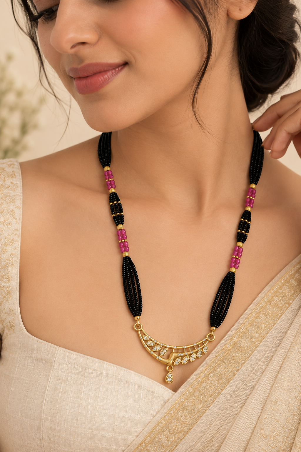 Premium Black & Pink Beaded Necklace with Gold-Toned Pendant