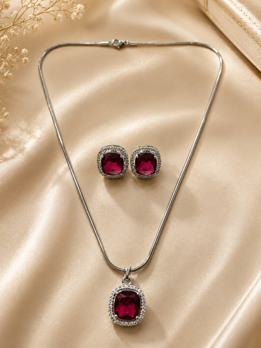 Ruby Pink Silver-Toned Pendant Set