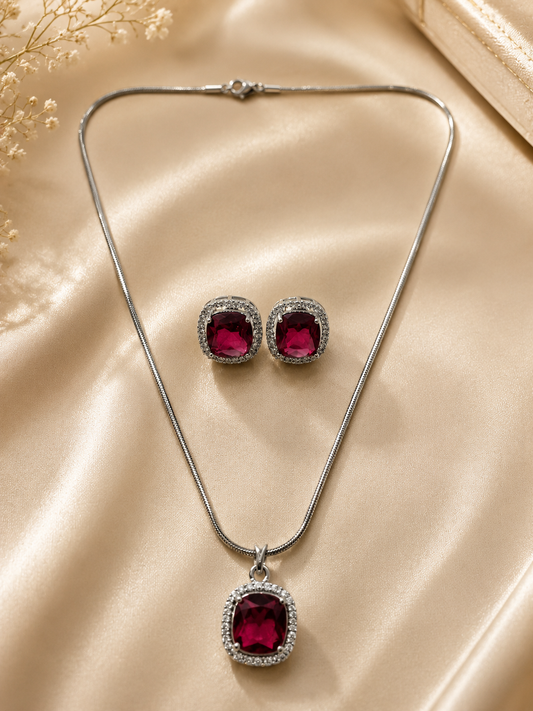 Ruby Pink Silver-Toned Pendant Set