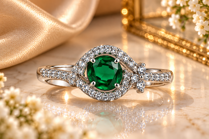 Silver-Toned Green Gemstone Statement Ring