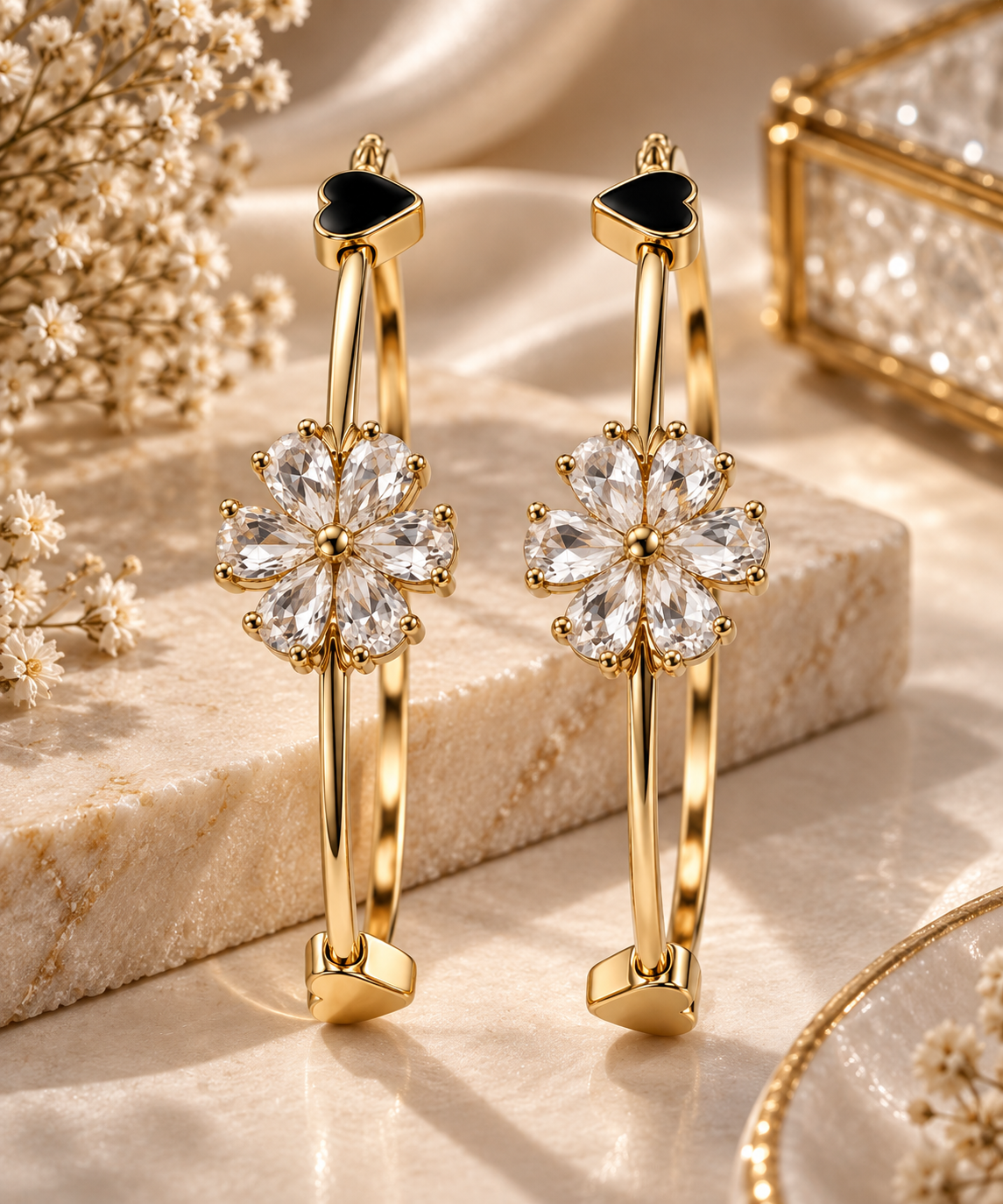 Premium Gold-Toned Crystal Flower Statement Bangle Bracelet