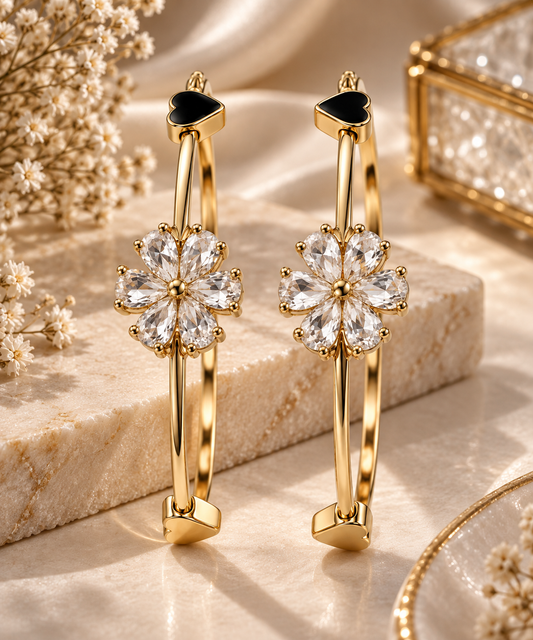 Premium Gold-Toned Crystal Flower Statement Bangle Bracelet