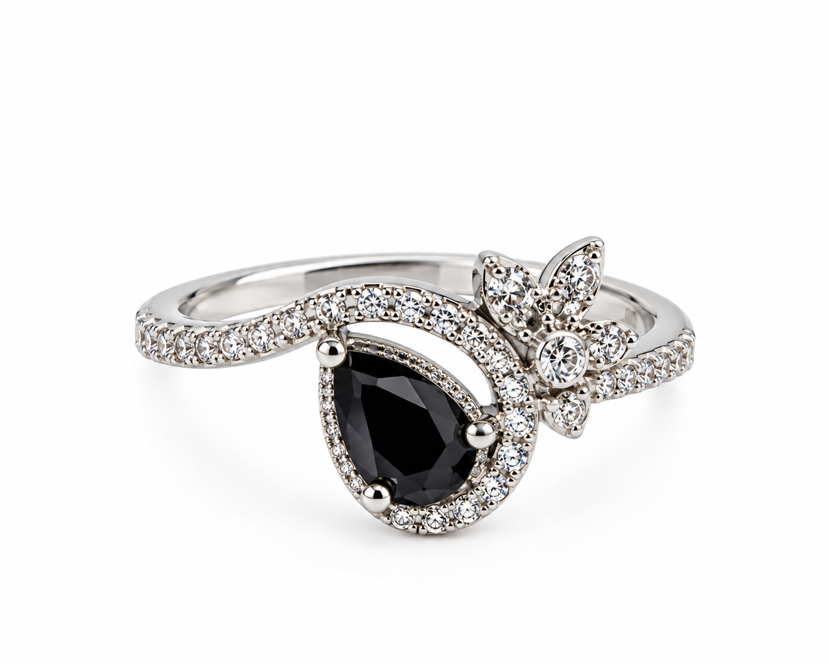 Elegant Silver-Toned Statement Ring with Black Teardrop Stone