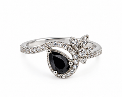 Elegant Silver-Toned Statement Ring with Black Teardrop Stone