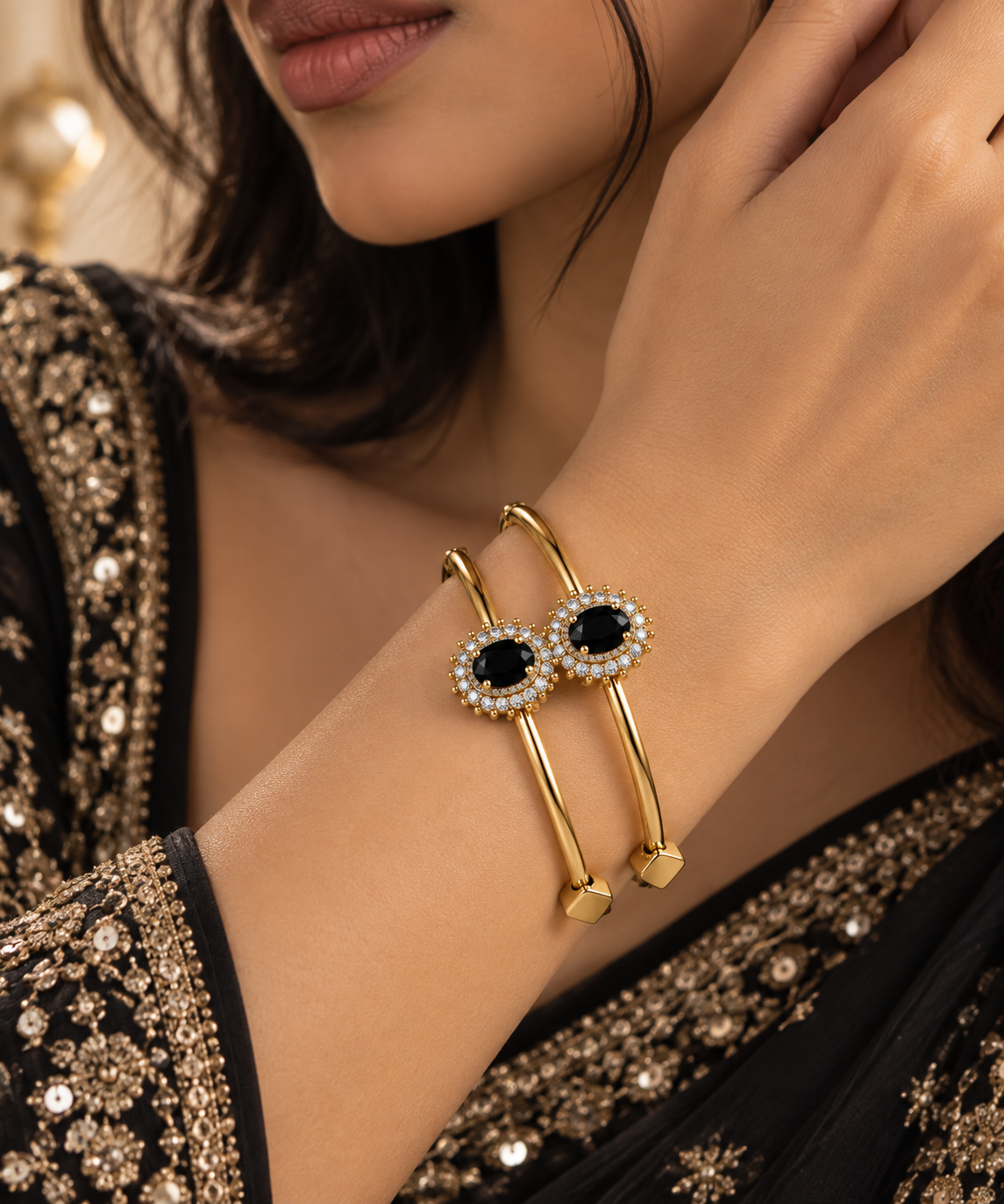 Premium Gold-Toned Black Stone Crystal Bangle Bracelet