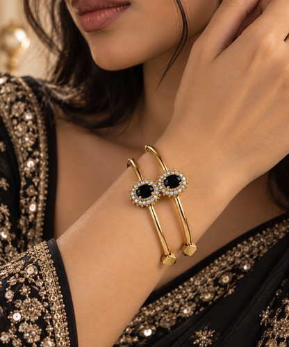 Premium Gold-Toned Black Stone Crystal Bangle Bracelet
