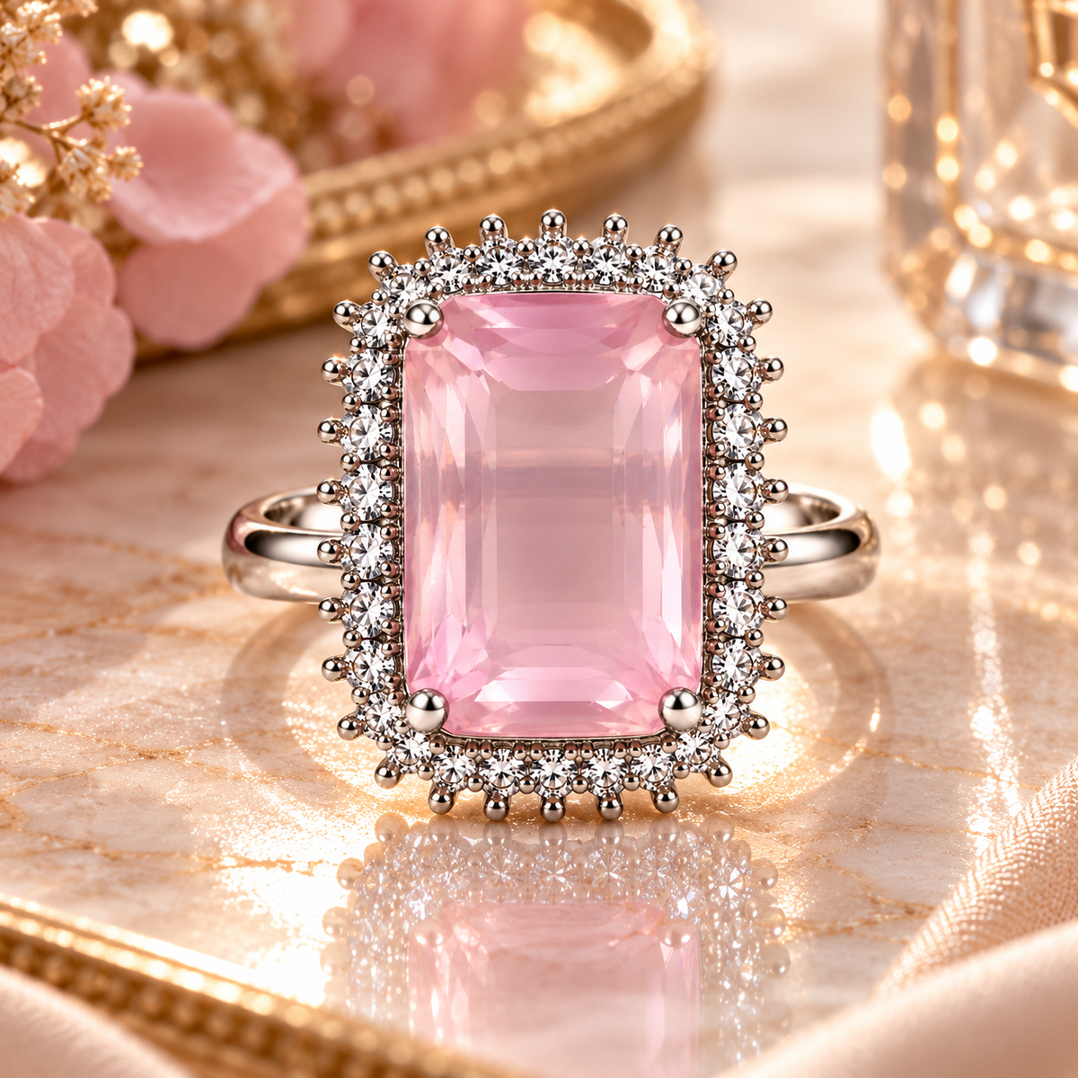 Silver-Toned Pink Crystal Statement Ring