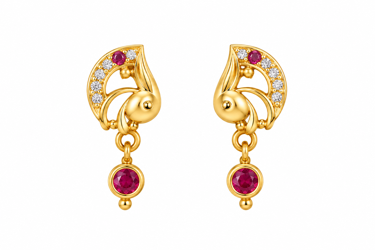 Premium Gold-Toned Peacock Drop Earrings with Ruby Accents