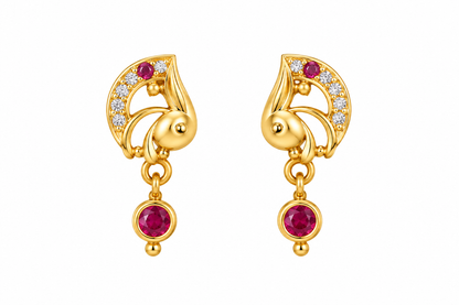 Premium Gold-Toned Peacock Drop Earrings with Ruby Accents