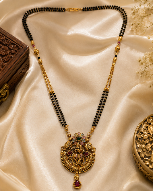 Antique Temple Motif Black Beaded Mangalsutra Necklace