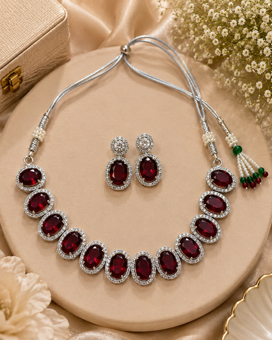Elegant Silver-Toned Deep Red Stone Necklace & Earring Set