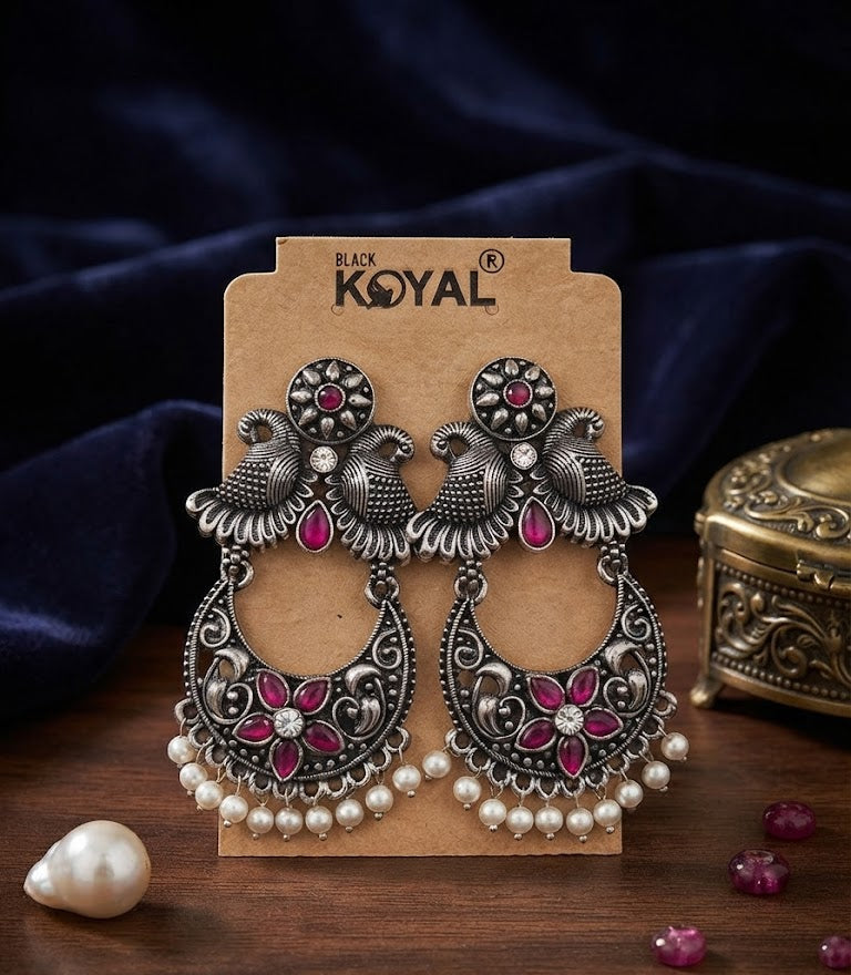 Premium Oxidized Silver-Toned Pink Stone Peacock Chandbali Earrings