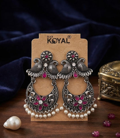 Premium Oxidized Silver-Toned Pink Stone Peacock Chandbali Earrings