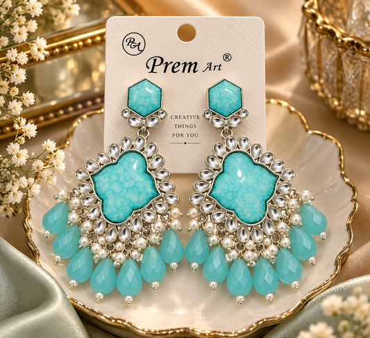 Premium Silver-Toned Turquoise Blue Chandelier Earrings