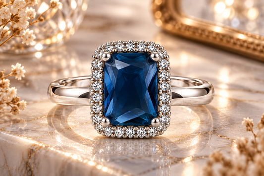 Silver-Toned Deep Blue Rectangle Statement Ring