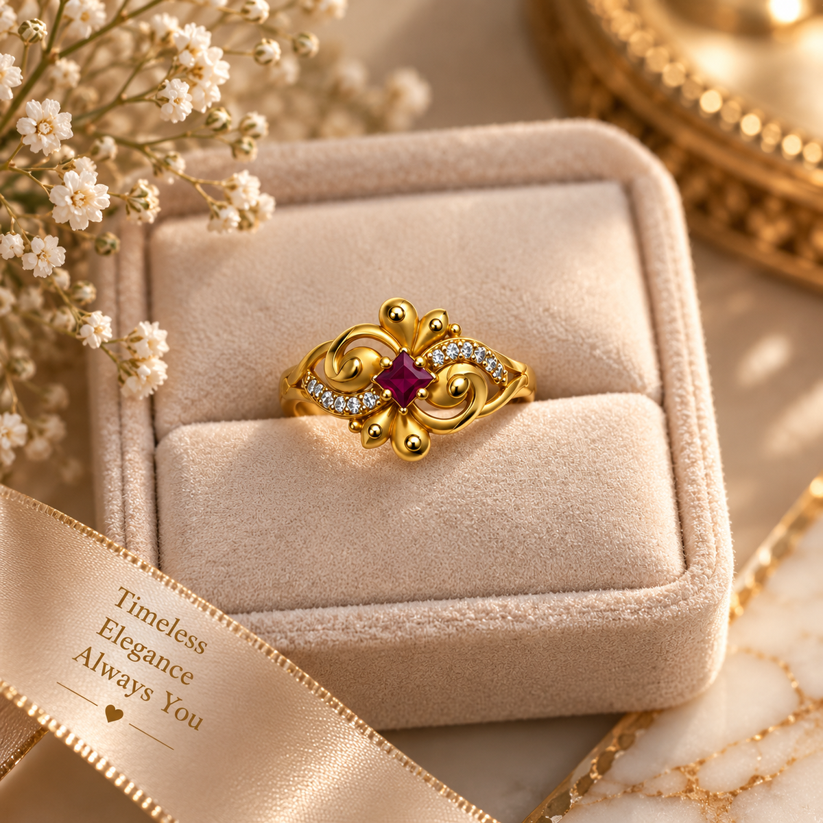 Gold-Toned Ruby Floral Ring