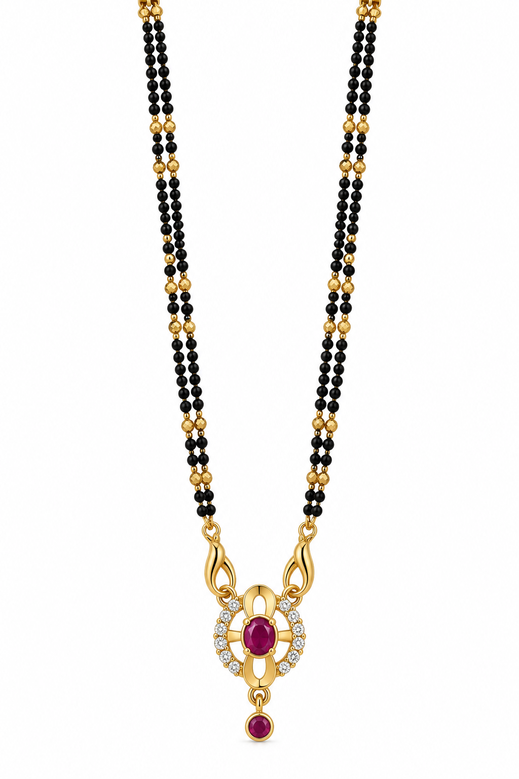 Elegant Black Beaded Mangalsutra with Ruby-Toned