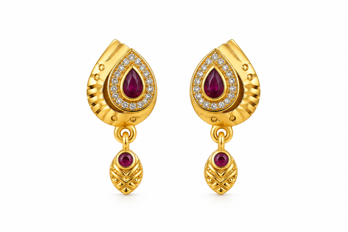 Gold-Toned Maroon Teardrop Drop Earrings