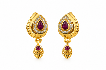 Gold-Toned Maroon Teardrop Drop Earrings