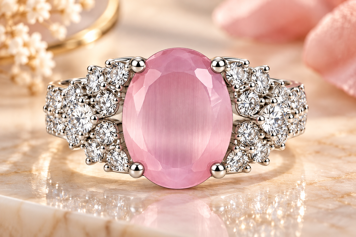 Pink Quartz Crystal Halo Statement Ring