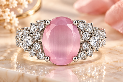 Pink Quartz Crystal Halo Statement Ring