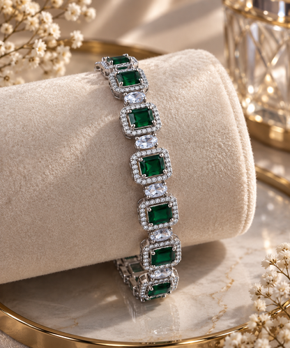 Premium Silver-Toned Emerald Green Crystal Link Bracelet