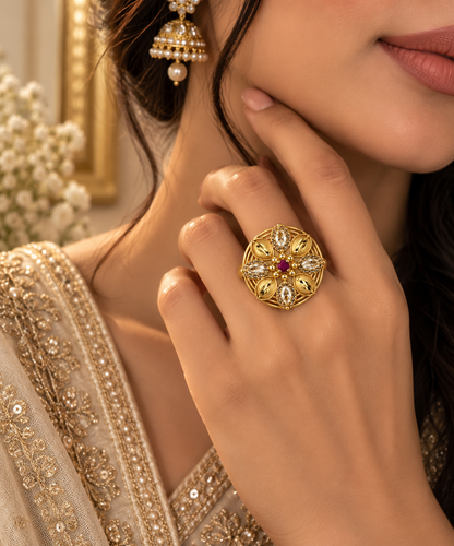 Premium Gold-Toned Floral Ruby Ring