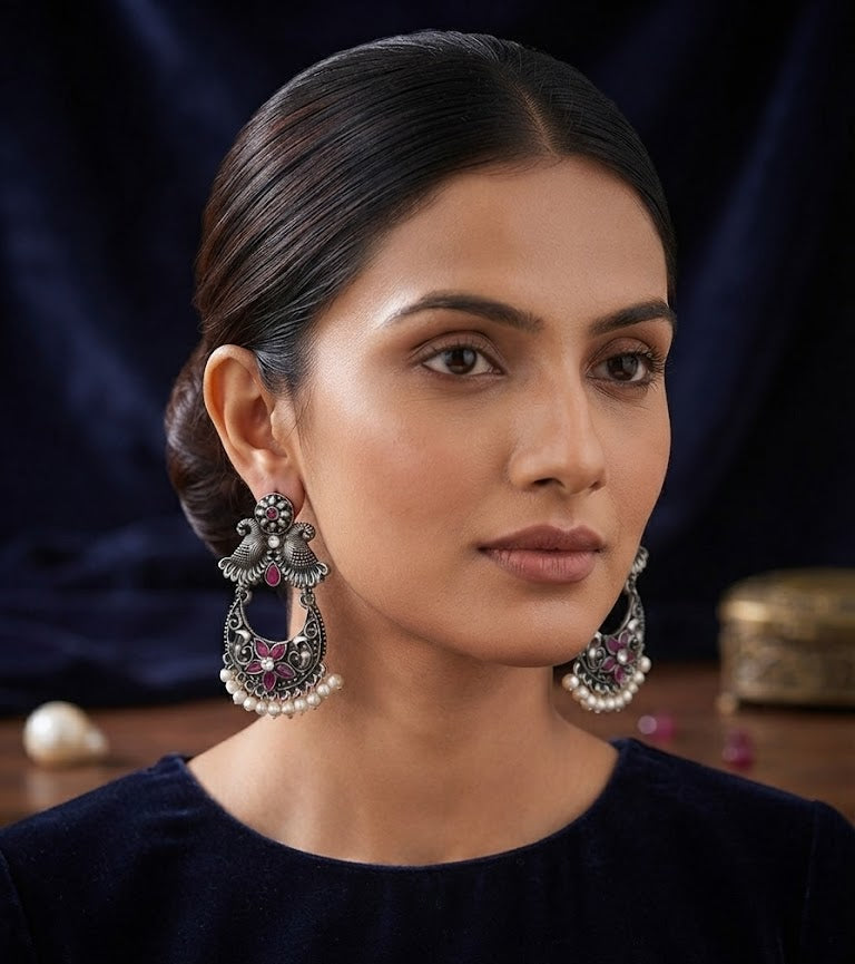 Premium Oxidized Silver-Toned Pink Stone Peacock Chandbali Earrings