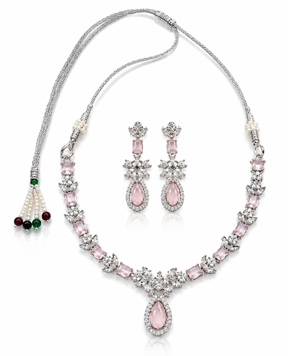 Silver-Toned Soft Pink Stone Necklace & Earring Set