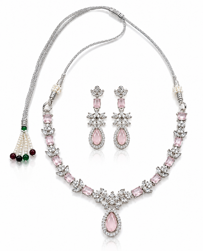 Silver-Toned Soft Pink Stone Necklace & Earring Set