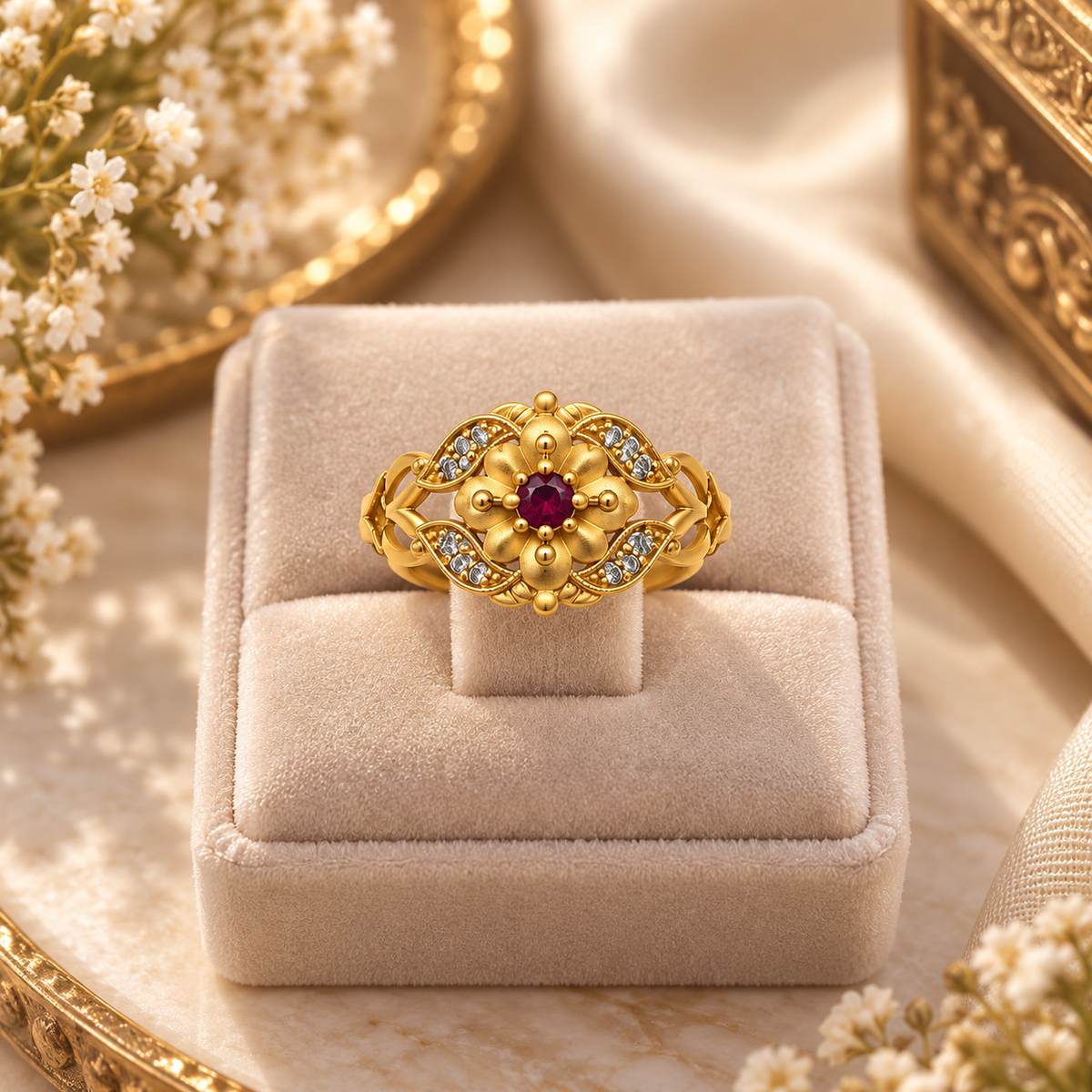 Gold-Toned Ruby Floral Statement Ring