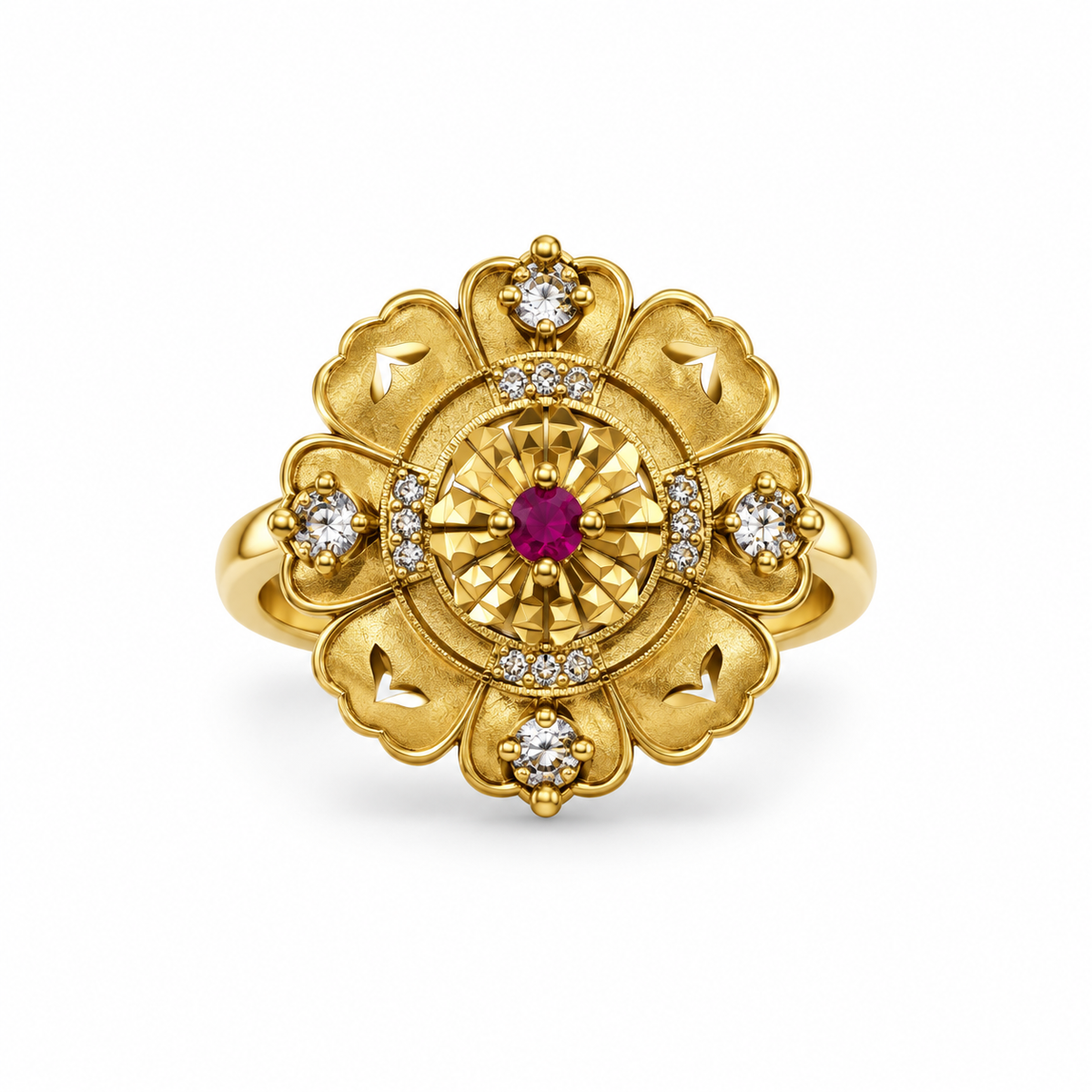 Premium Gold-Toned Floral Ruby Statement Ring