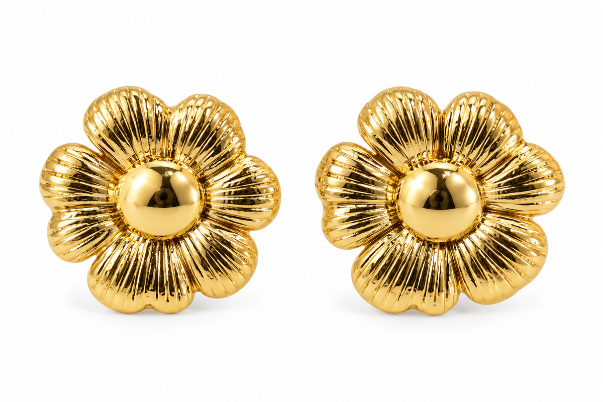 Gold-Toned Ribbed Flower Stud Earrings