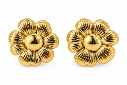 Gold-Toned Ribbed Flower Stud Earrings