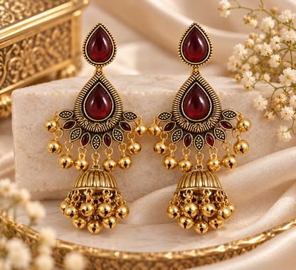 Premium Antique Gold-Toned Maroon Jhumka Chandelier Earrings
