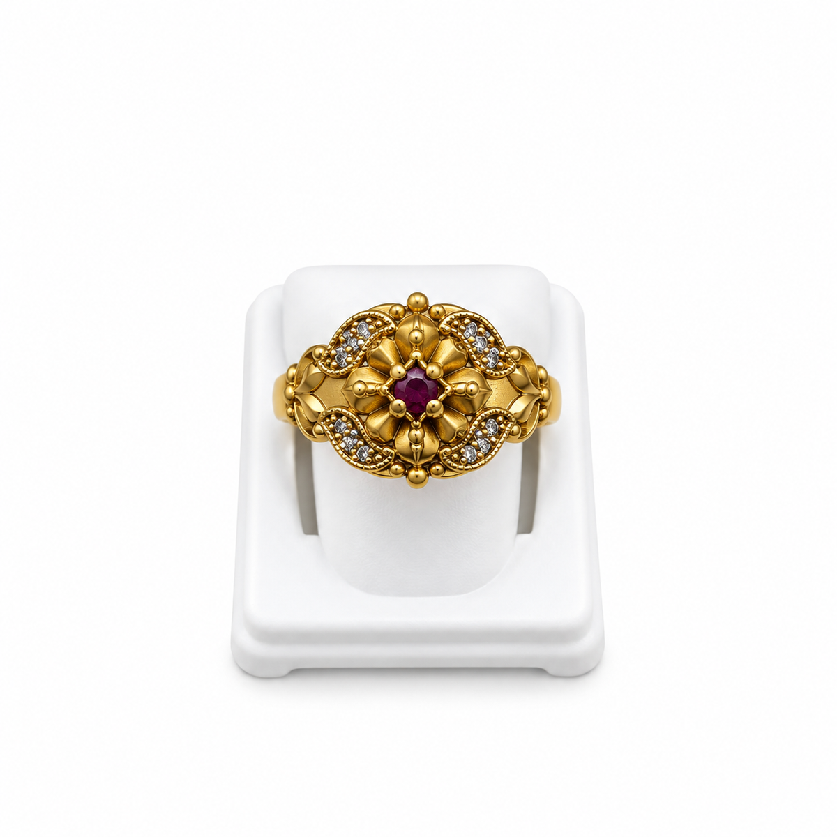 Antique Gold-Toned Ruby Floral Statement Ring
