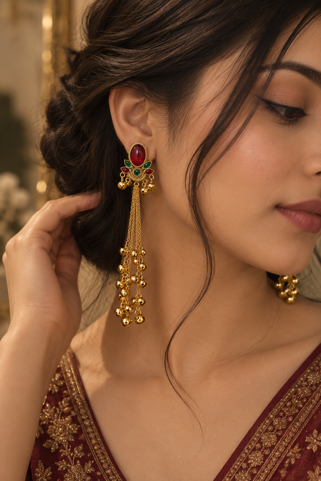 Premium Gold-Toned Multicolour Stone Long Chain Jhumka Earrings