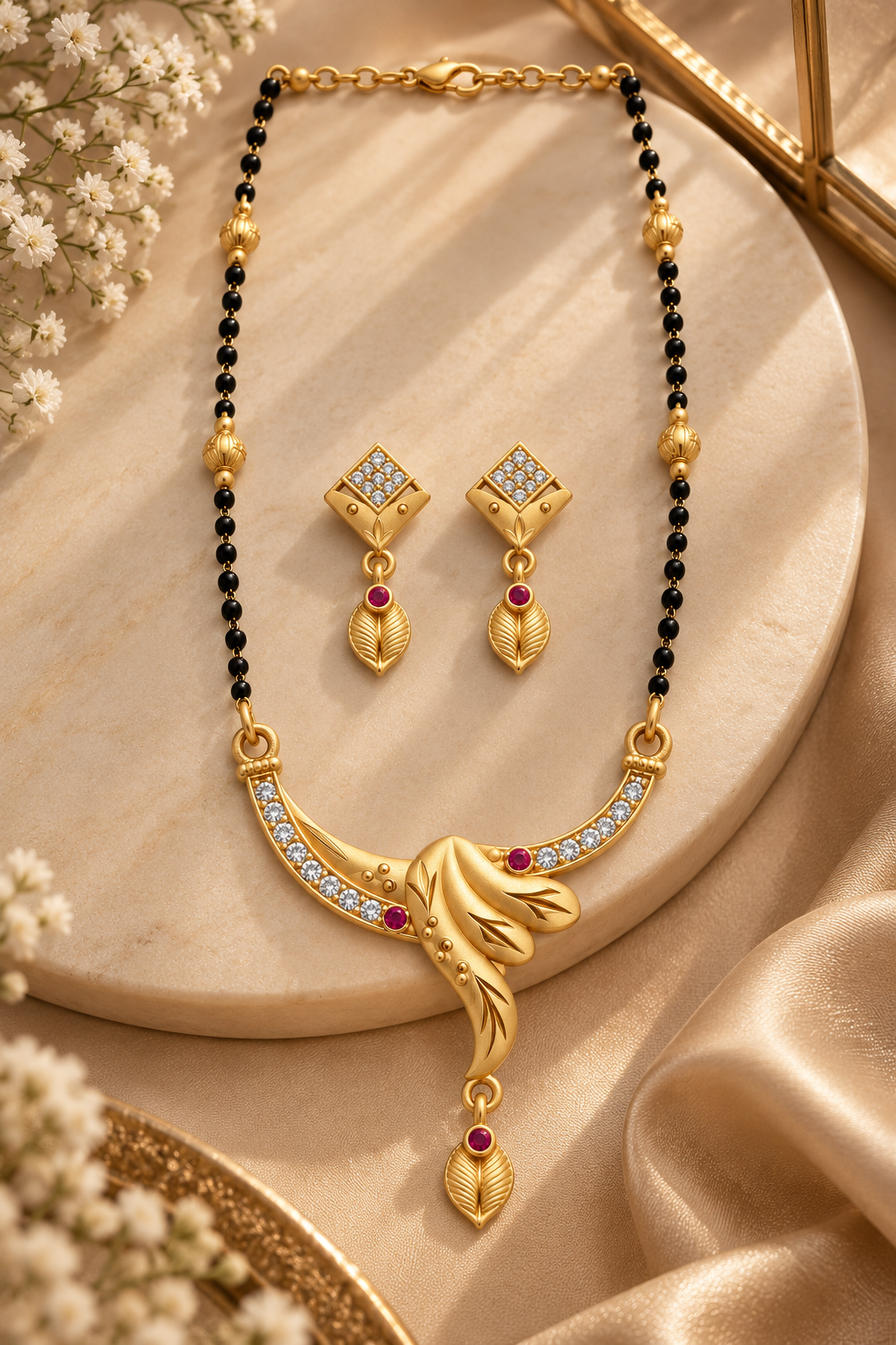 Gold-Toned Black Beaded Necklace & Earring Set