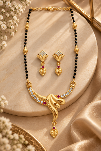 Gold-Toned Black Beaded Necklace & Earring Set