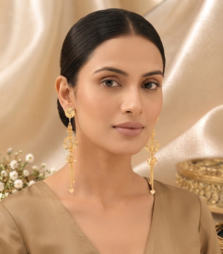 Premium Gold-Toned Floral Medallion Chain Drop Earrings
