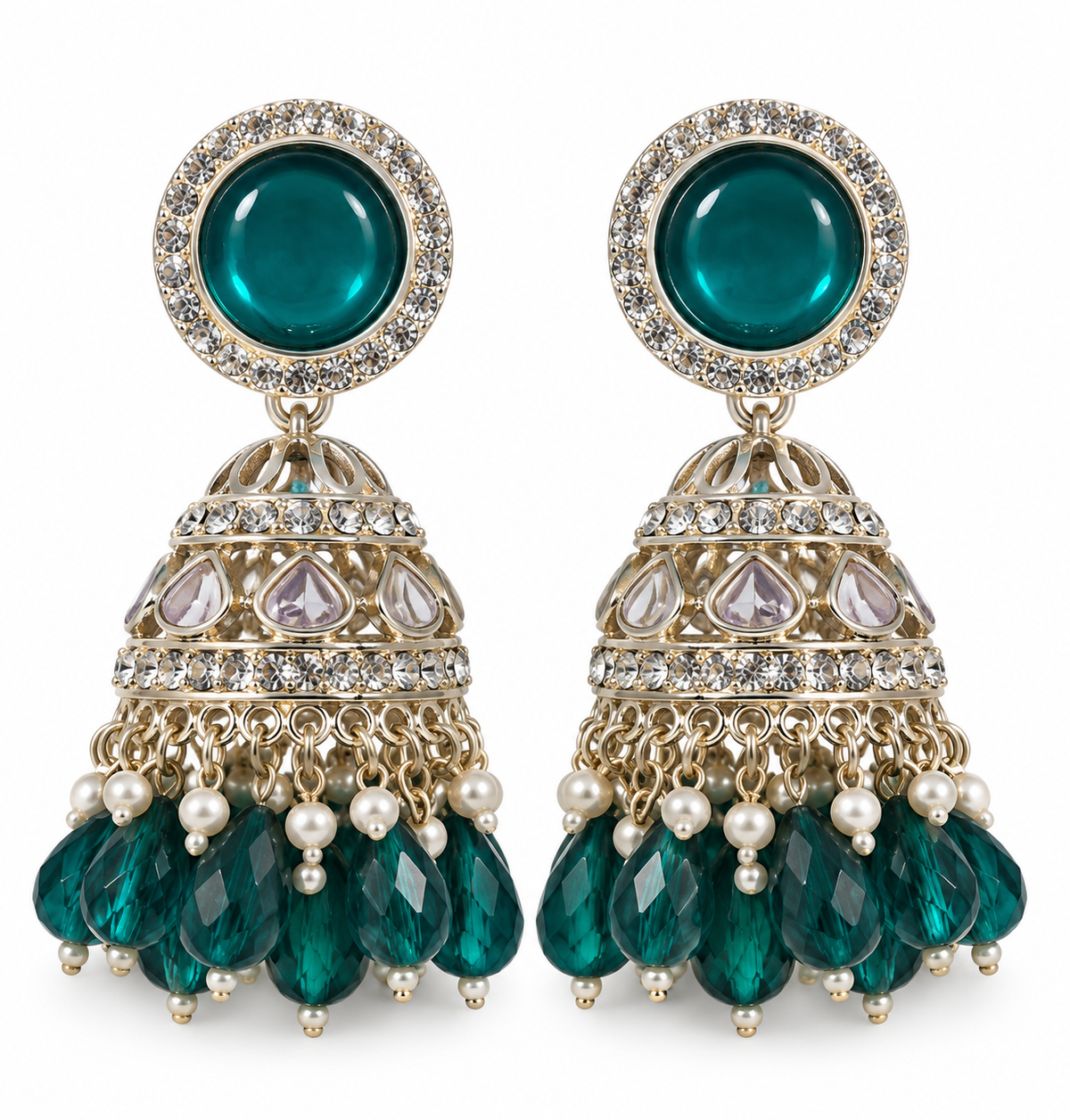 Premium Gold-Toned Teal Stone Jhumka Earrings