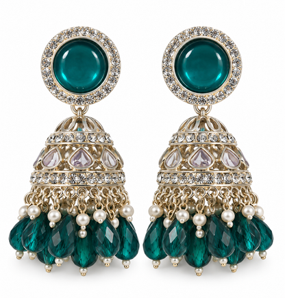 Premium Gold-Toned Teal Stone Jhumka Earrings